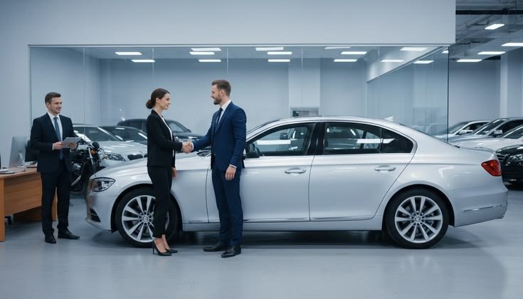 Kesepakatan jual beli mobil bekas antara pelanggan dan tim Ronal Automobil di showroom